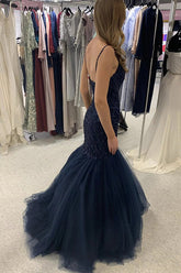 Charming Mermaid Sweetheart Navy Blue Long Prom Dresses with Lace,Evening Dresses